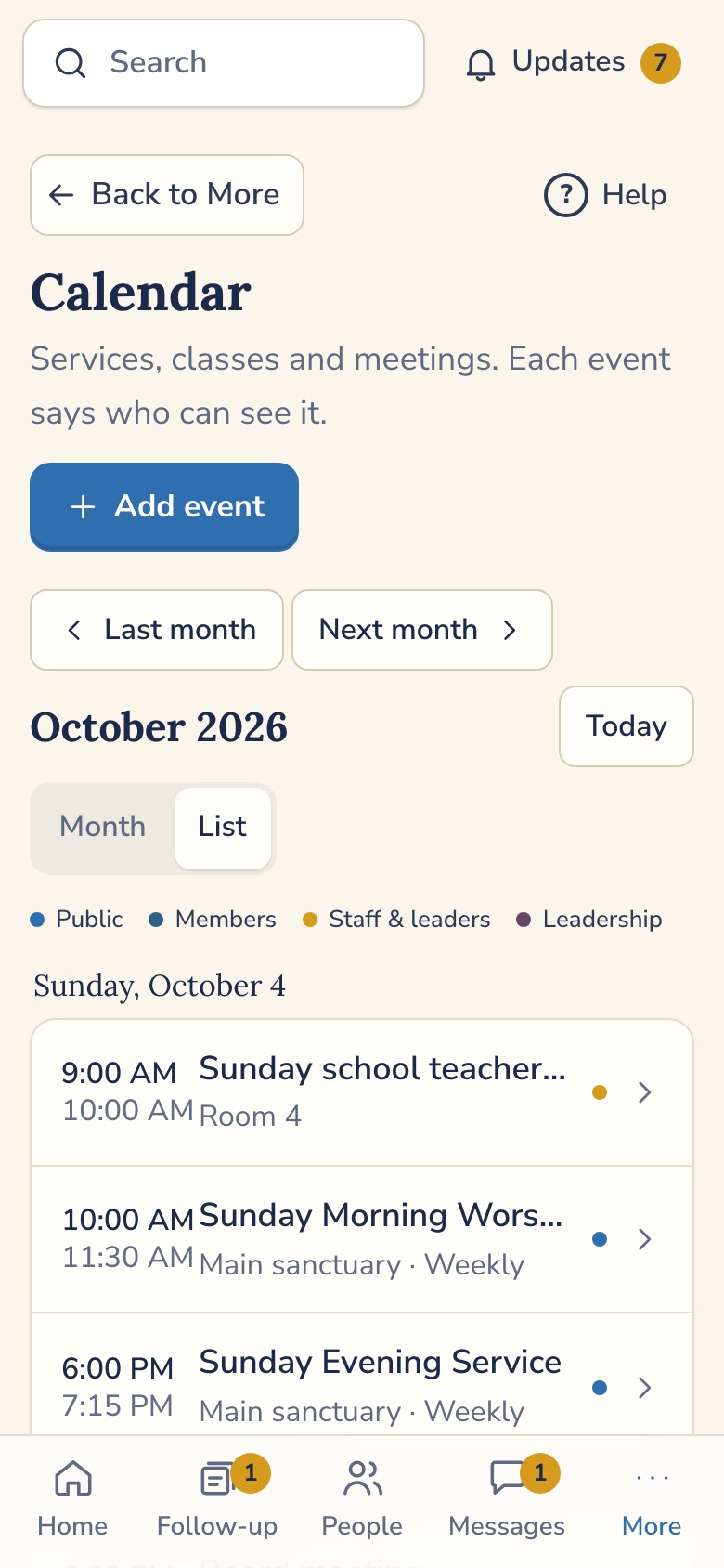 Calendar with colored visibility levels