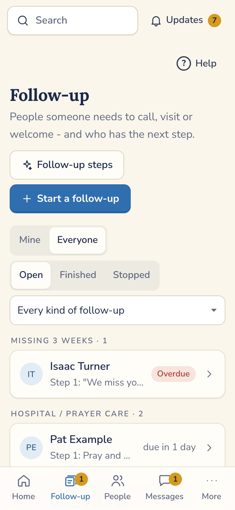Chapelbook follow-up screen showing people on care paths and who has the next step