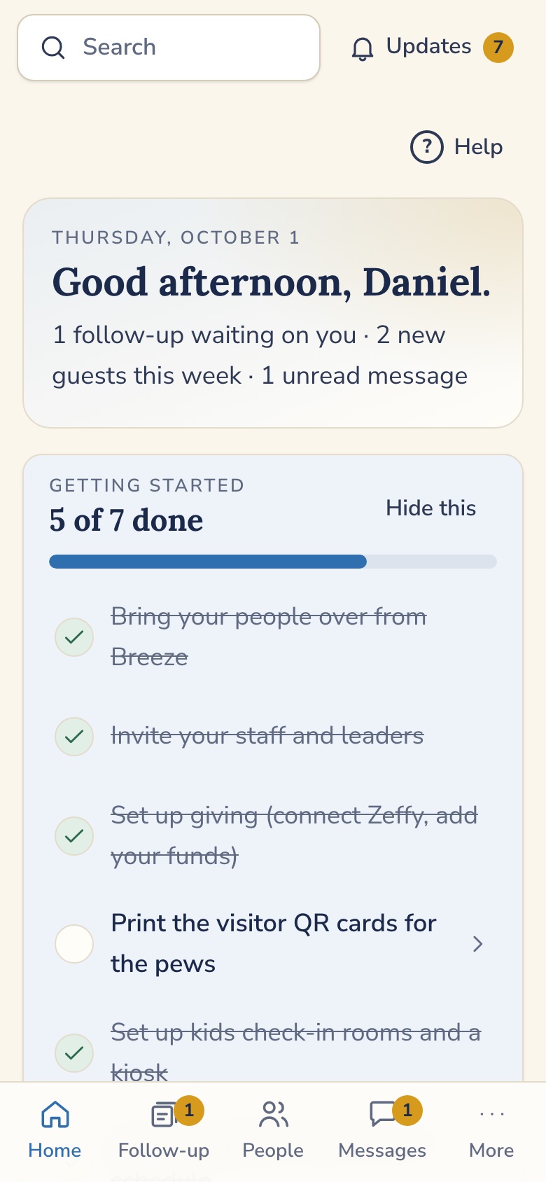 Chapelbook home screen for a demo church: greeting, follow-ups waiting, guests this week, upcoming events