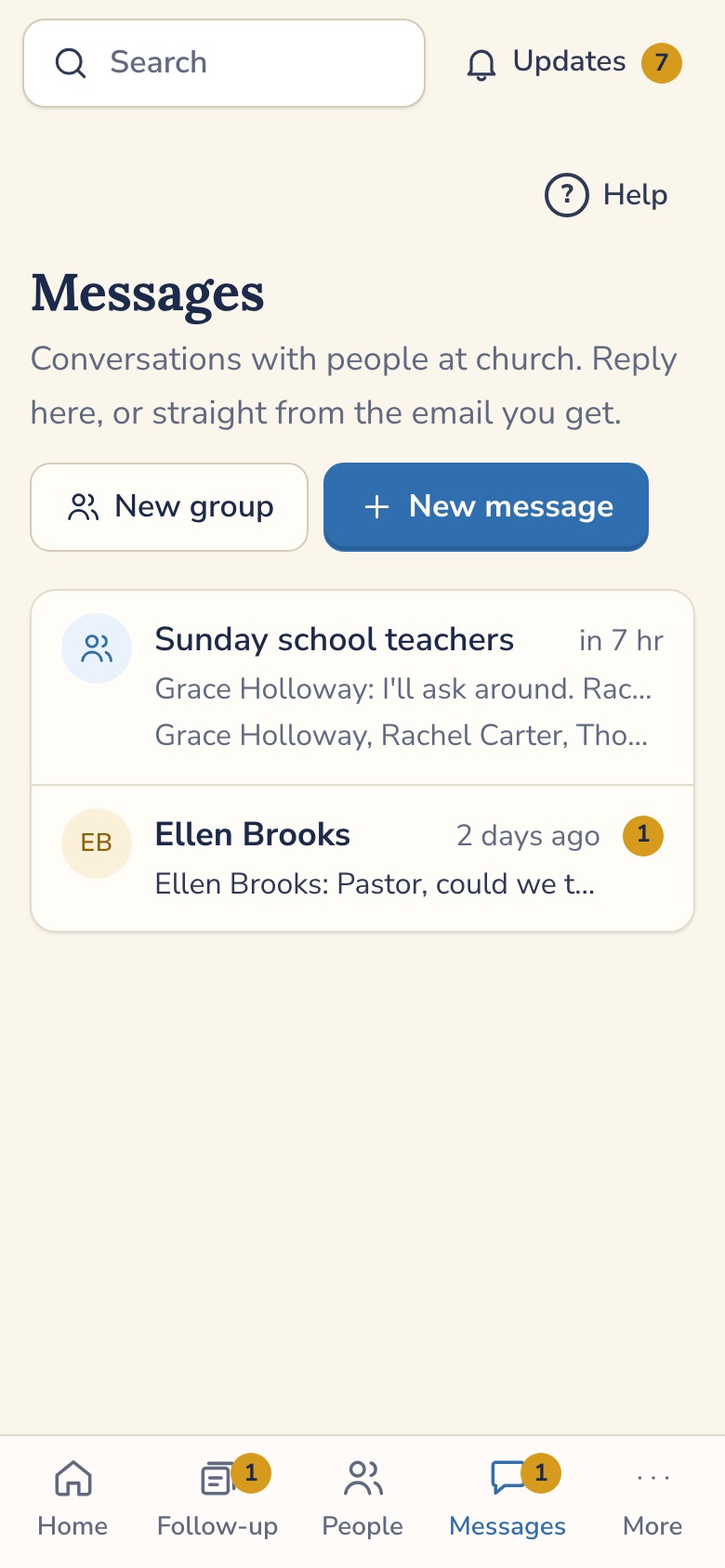 Messages list with group and one-to-one threads