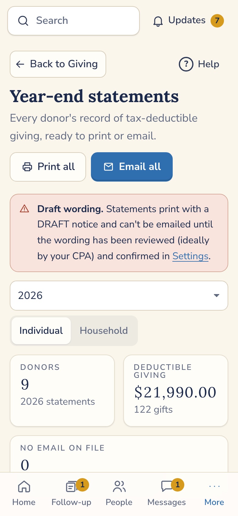 Giving statements screen listing donors with gifts and totals