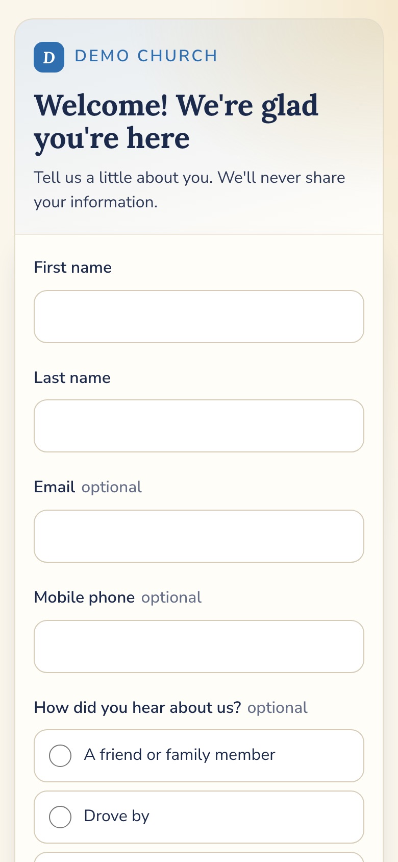 The visitor welcome form a guest sees after scanning a QR code